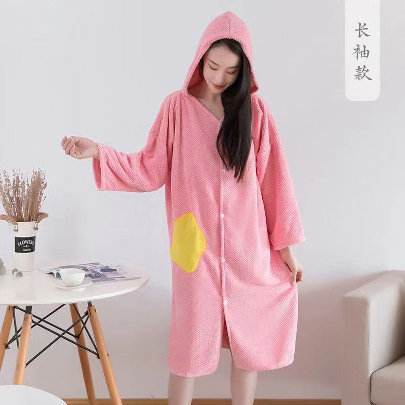 浴巾女连帽斗篷浴裙长袖浴袍比纯棉吸水不掉毛可外穿式浴衣家居服 亮