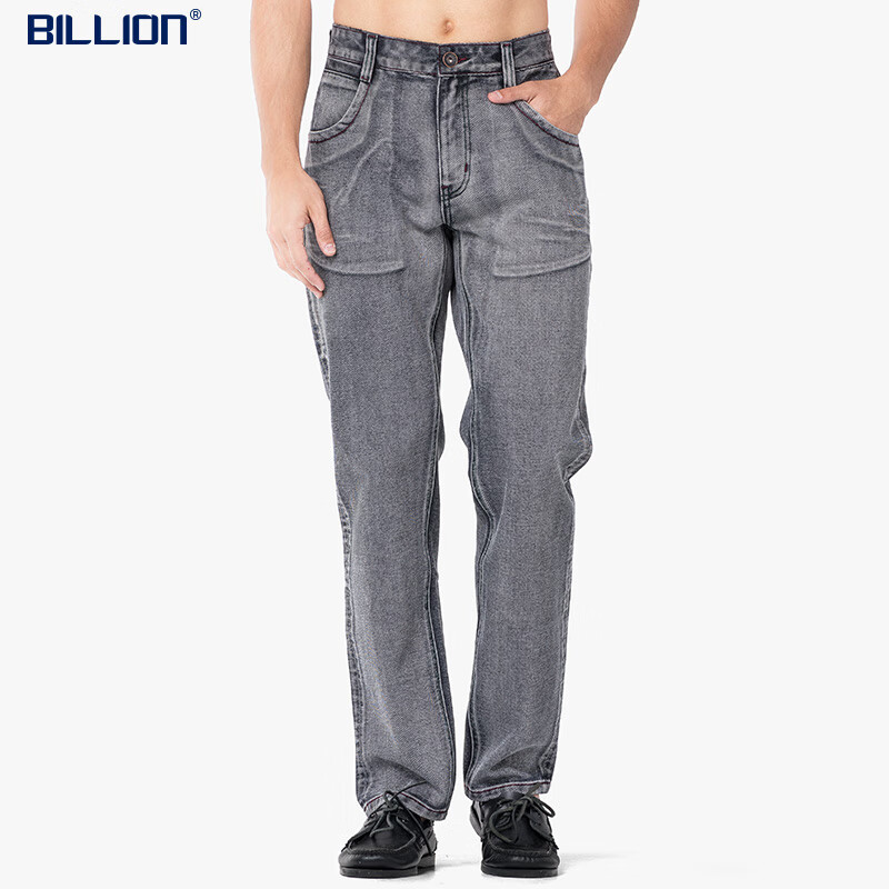 BILLION宽松牛仔裤男直筒秋冬季厚款中腰无弹商务休闲裤子新复古回潮 灰色 厚款 宽松直筒 38 （2.94尺｜98厘米）