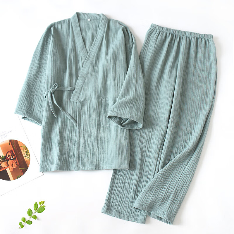 南极人（NanJiren）春夏薄款纯色棉双层纱布睡衣女日式和服浴衣男家居服和风开衫系带 绉布和服长套-绿-女士 M