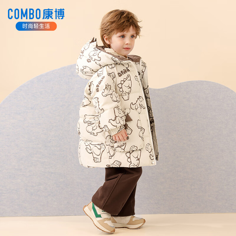 康博儿童男童羽绒服2024新款冬季小童洋气卡通宝宝加厚中长款童装外套 藏青色 140