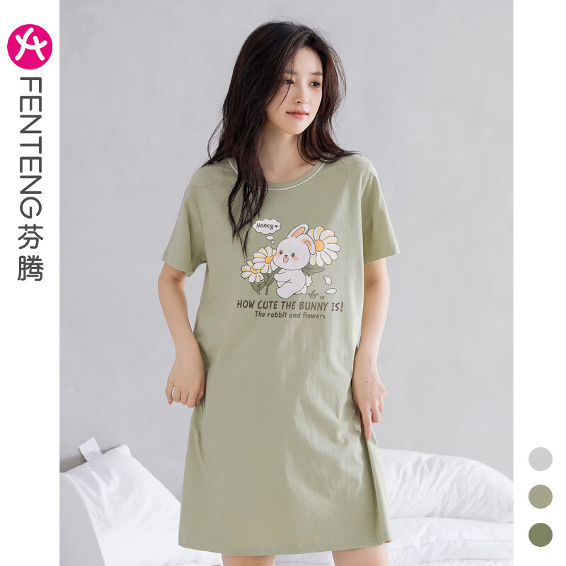 芬腾睡裙女夏纯棉短袖圆领可爱睡衣薄款大码全棉家居服连衣裙短裙 X98424806草绿 XL 建议:125-145斤