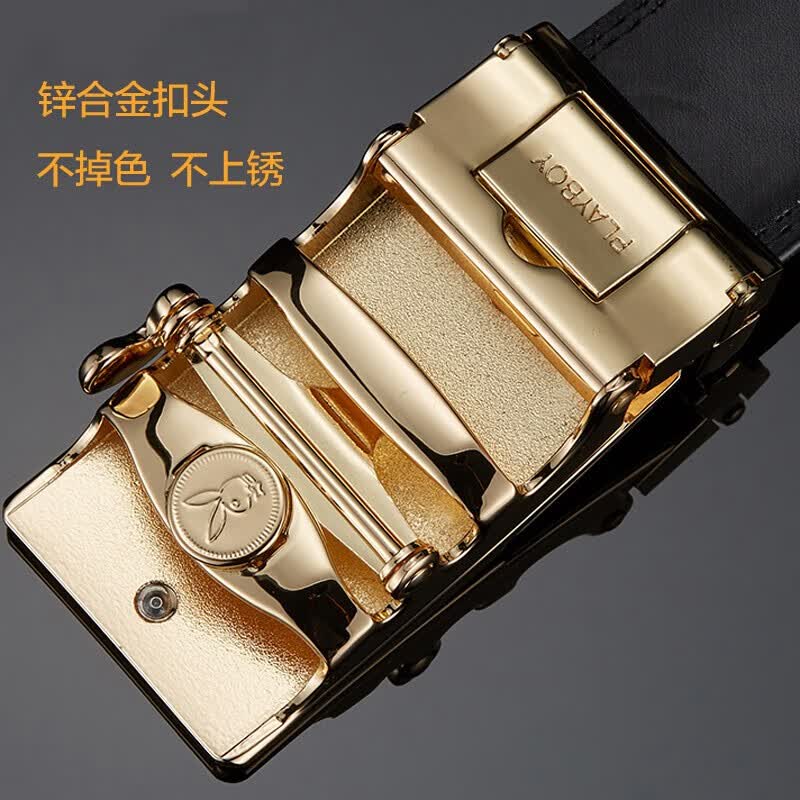 花花公子男士皮带真皮自动扣腰带韩版休闲青年商务纯牛皮裤腰带 7字头金色