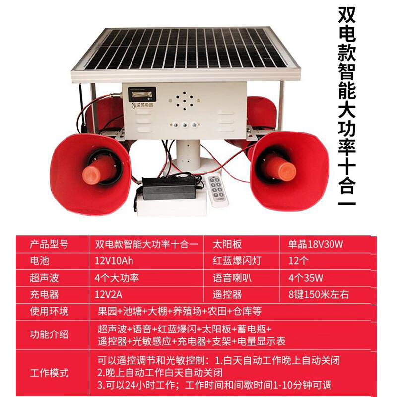 企工太阳能超声波智能驱鸟器机场智能大棚鱼虾塘仓库果园专用吓鸟驱鸟