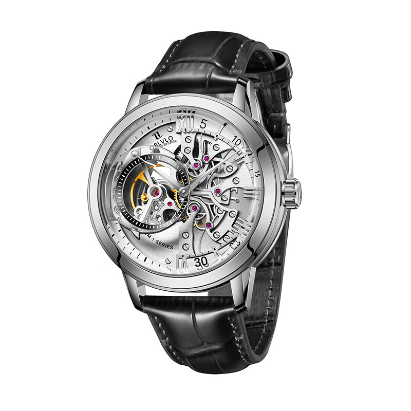 欧宝罗（OBLVLO）法国OBL全自动镂空机械表男十大品牌镂空手表运动复古男士 白壳白面黑带