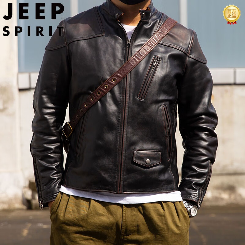 JEEP SPIRIT毒液1.2mm茶芯無涂馬皮立領(lǐng)修身短款機(jī)車皮夾克男真皮皮衣外套男 茶芯黑色 2XL 160-180斤穿