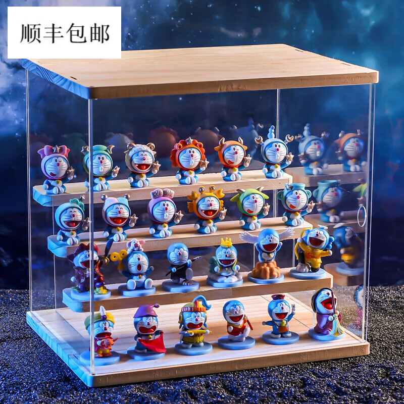 佳依乐哆啦a梦公仔手办摆件礼盒装生日礼物女儿童节礼物叮当猫玩具盲盒 D5-5211+5214哆啦A梦木质展示盒+手办+礼盒+串灯