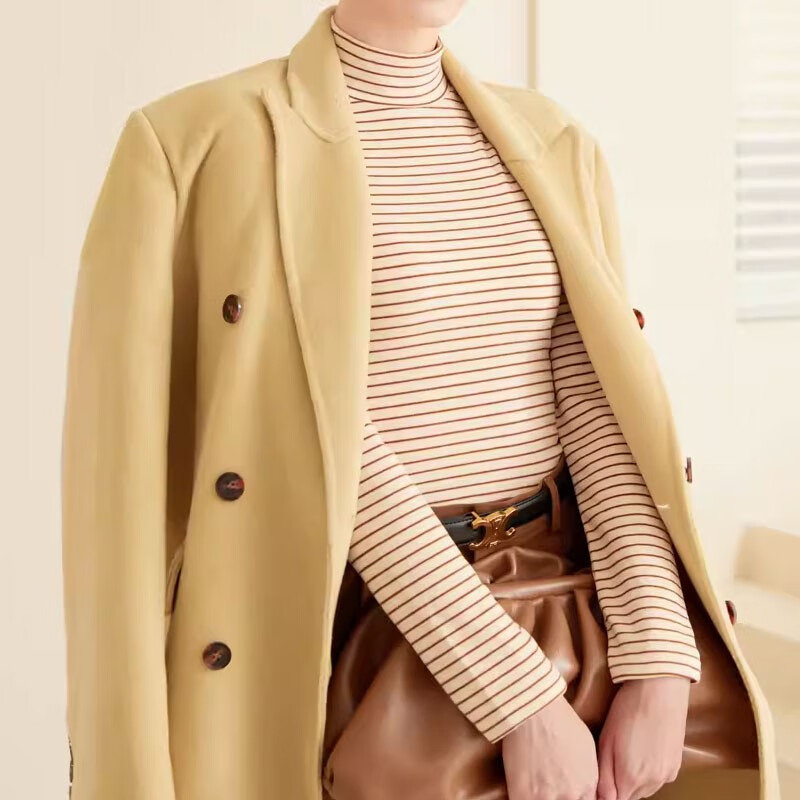 子牧棉麻秋冬装 女韩版德绒条纹打底衫加厚双面磨毛保暖长袖上衣8863 樱花粉半高领条纹款德绒 加厚 2XL (建议140-155斤)