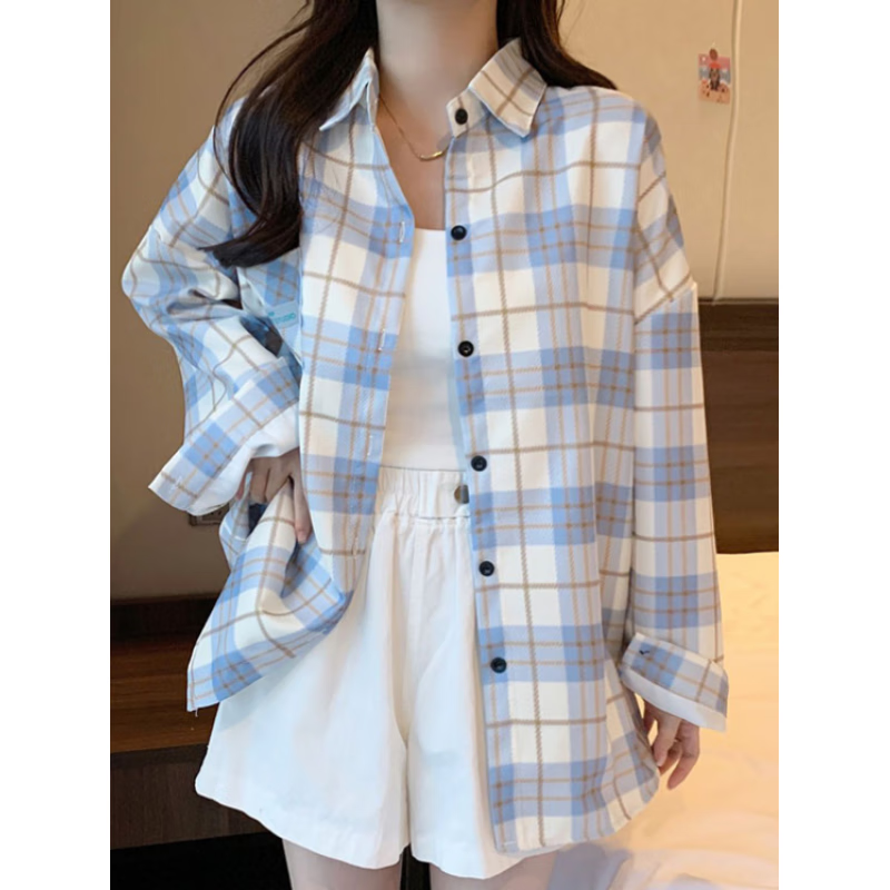 雷黛茜格子衬衫女款春秋休闲蓝色衬衣外套休闲长袖上衣女设计感小众显瘦 淡蓝色格子 #125 【面料】 S 建议95斤内
