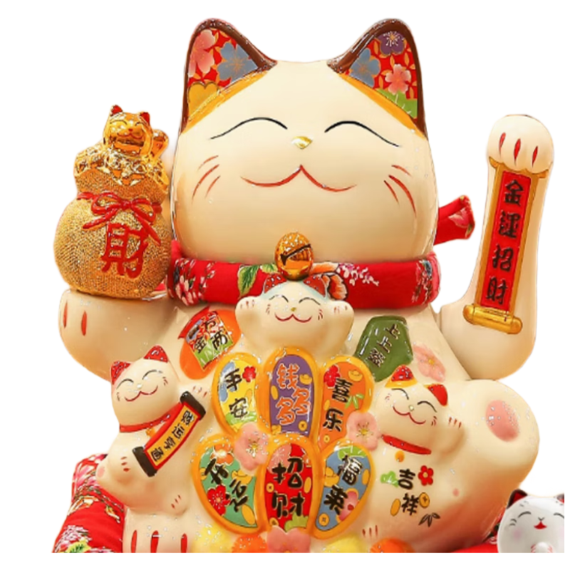 板谷山11寸摇手多福猫福装饰摆件陶瓷储蓄罐开业礼品生日礼物