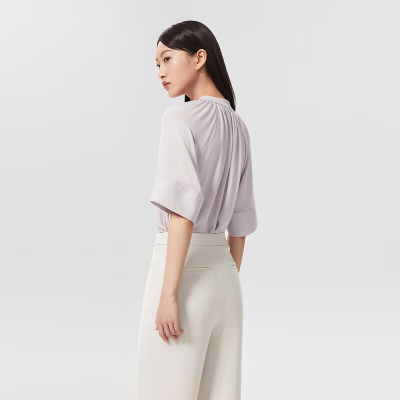 OVV【重磅真丝】OVV22春夏新款女装18.5MM双乔绉V领宽松短袖休闲衬衫 紫灰09 L