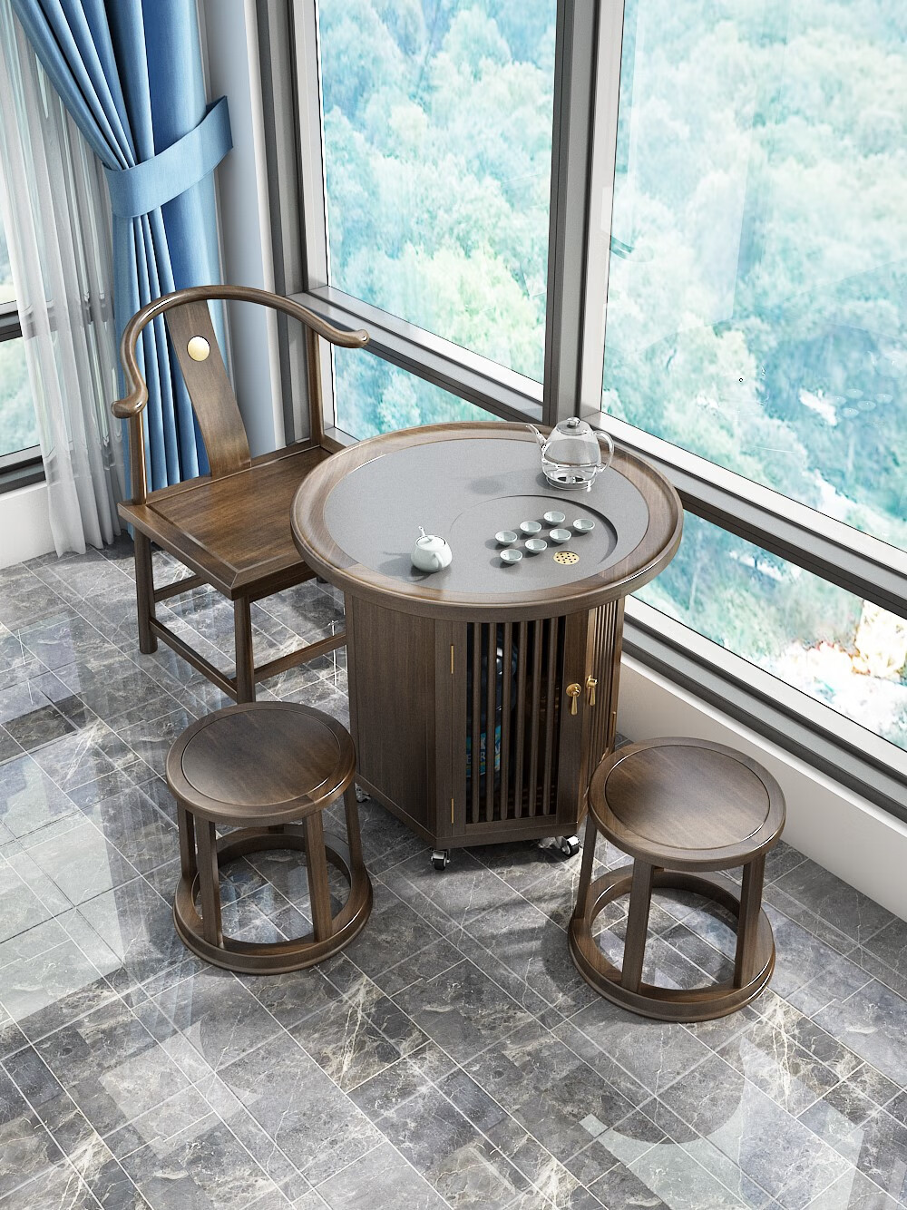 珊瑚港阳台茶桌椅组合实木小型茶桌客厅家用小茶台圆形小茶桌可移动茶