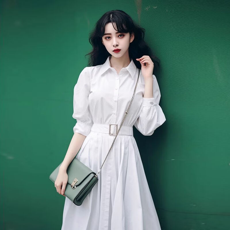 服装穿搭春款连衣裙衬衫式白色子女早2024新款小个 白色【今年流行