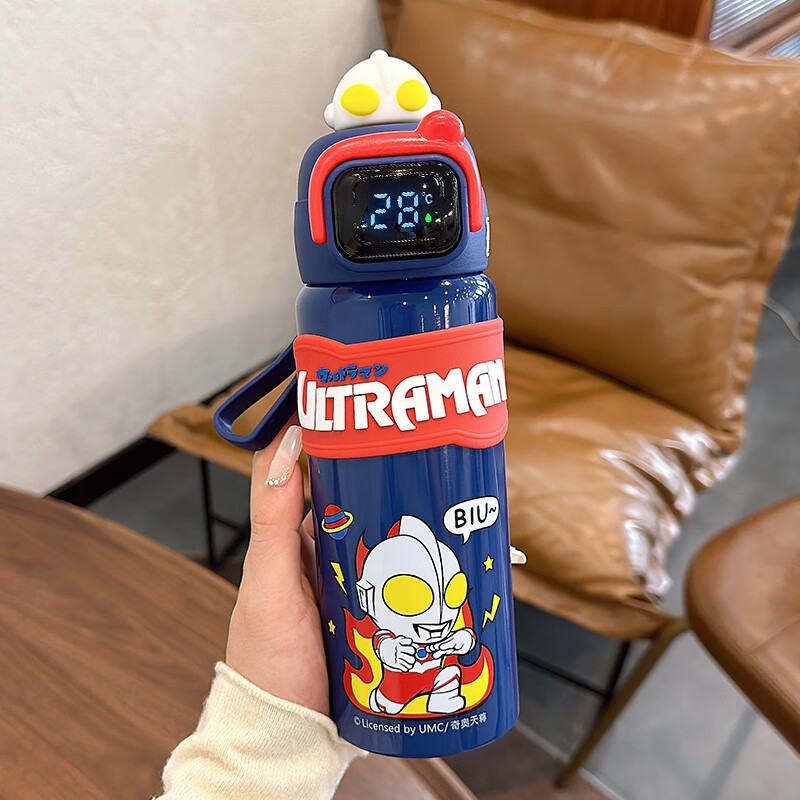 满景奥特曼儿童保温杯男孩上学专用智能显温吸管杯316不锈钢便携水杯 蓝色 500ml +立体贴5枚