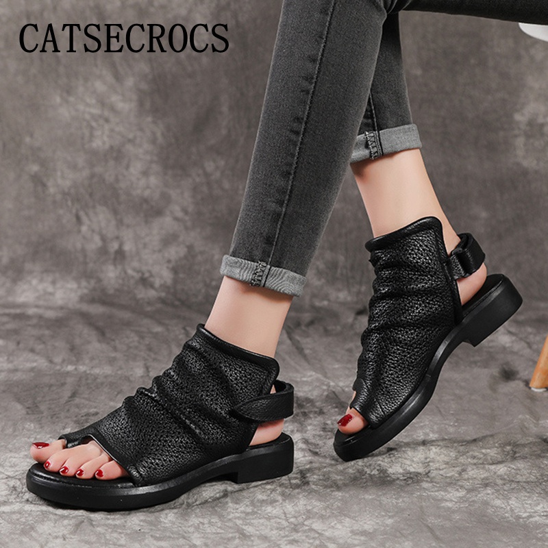 secrocs轻奢品牌女鞋2022春夏新款复古牛皮套趾凉鞋女镂空透气洞洞鞋