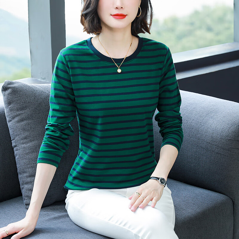 大码衣服女装妈妈40-50岁长袖纯棉t恤女中老年春秋冬装条纹打底衫 灰色 5XL 码建议【181-200斤】