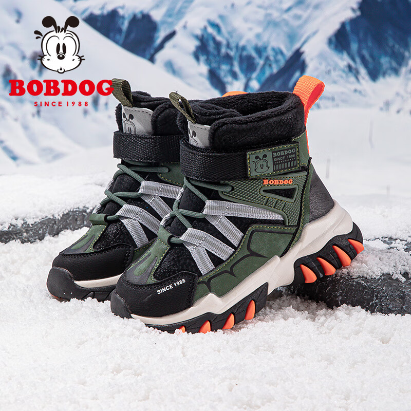 巴布豆童鞋冬季加绒保暖儿童靴子男童二棉鞋女孩软底雪地靴 黑/军绿 33 适合脚长20.3cm 京东折扣/优惠券