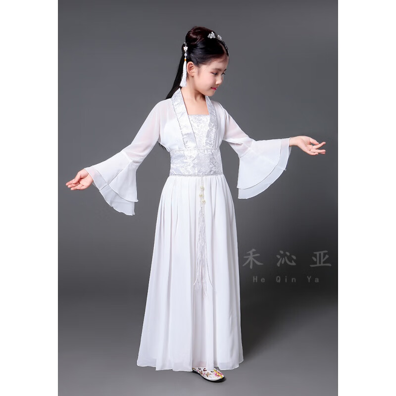 禾沁亞紅樓夢兒童服裝六一古裝漢服女童唐裝貴妃公主裙攝影寫服古箏表演 白色 110cm(適合身高102-112cm)