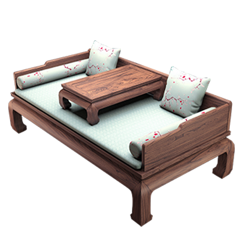 溪木工坊 羅漢床新中式實(shí)木沙發(fā)床明清仿古雕花榫卯客廳臥室老榆木家具 1.2米素面羅漢榻+墊子