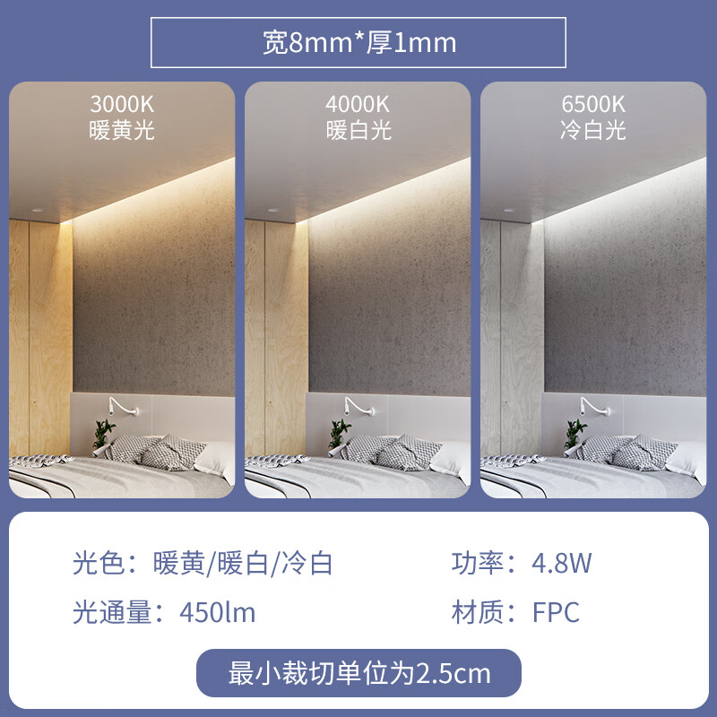 三雄极光led灯带低压24v银河超亮灯槽藏光裸版套管贴片展柜软灯带 4.8W/120灯/米 24V 裸板 -10米装 4000K暖白