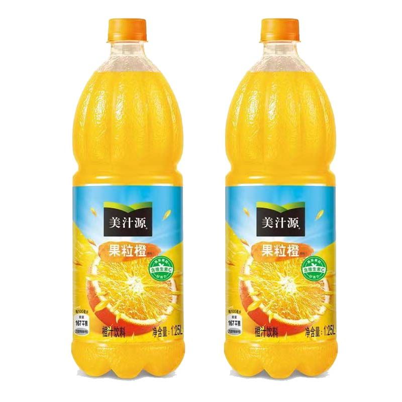 康创优品真果粒美汁源果粒橙1.25l*2瓶装大瓶橙汁饮料果粒橙