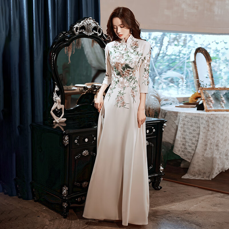 京噶中式演出晚禮服裙女2024宴會高端大氣合唱團主持人氣質(zhì)顯瘦夏 香檳色 XXL