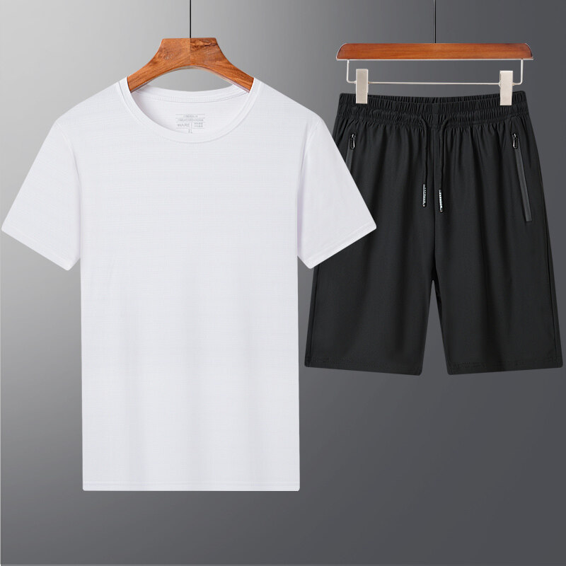 冰丝运动套装男跑步短袖T恤健身衣服长裤速干衣篮球训练两件套 白色 L