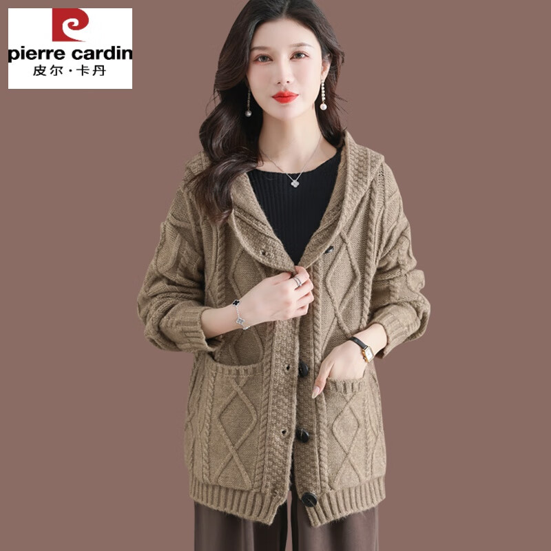 皮爾卡丹（pierre cardin）連帽毛衣外套女秋裝2024新款外搭寬松羊毛針織開衫春秋羊絨衣披肩 駝色 M