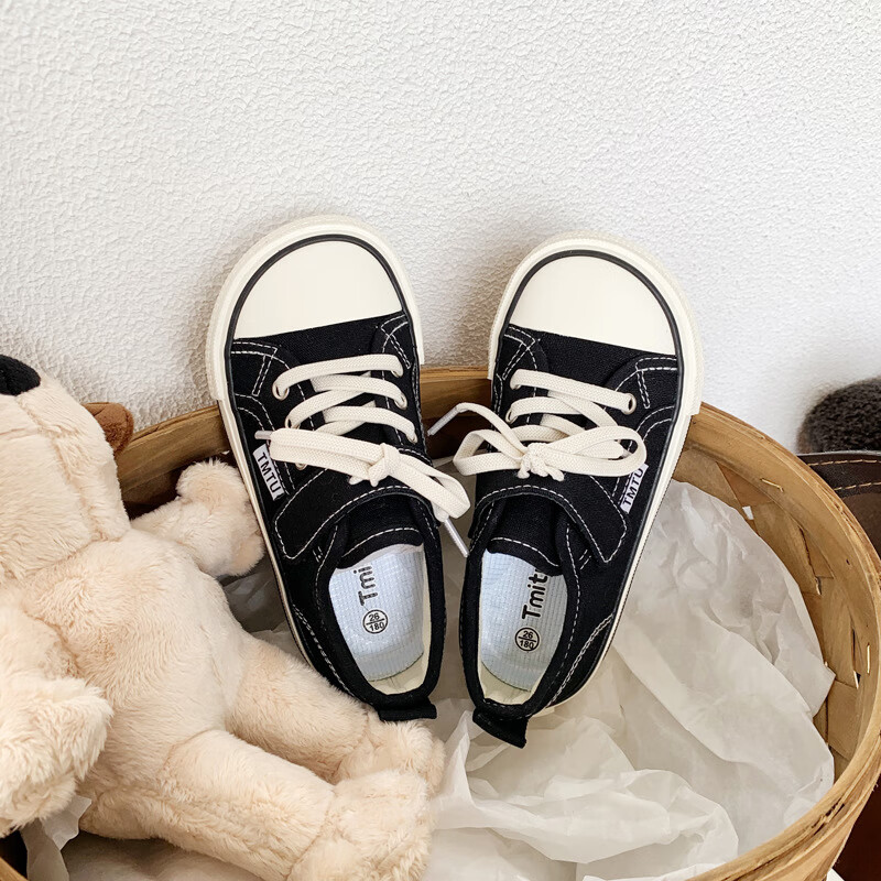 春季新款男女小中大童软底板鞋韩版学生运动鞋 黑色 25码内长16厘米