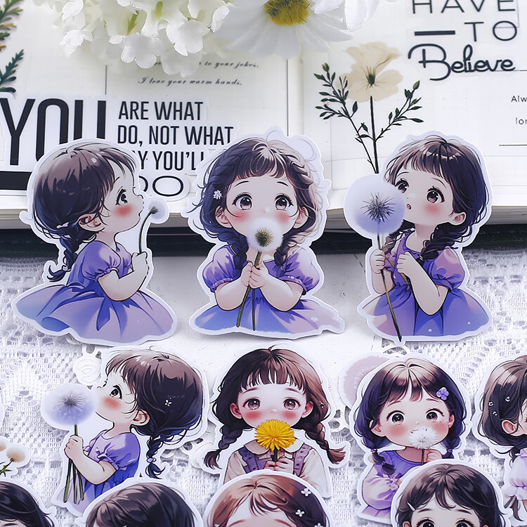 手帐贴纸儿童少女人物 可爱手机贴纸包卡通小手账素材 蒲公英女孩