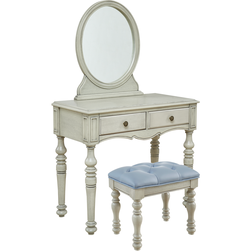 艾理思 高级灰梳妆台套装 全实木妆台桌 美式乡村卧室梳台镜凳组合家具 高级灰-全实木三件套