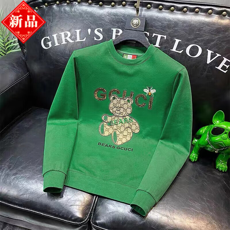 clolv kiss欧洲站印花小熊圆领加绒卫衣男潮牌潮流秋冬新款大码男士