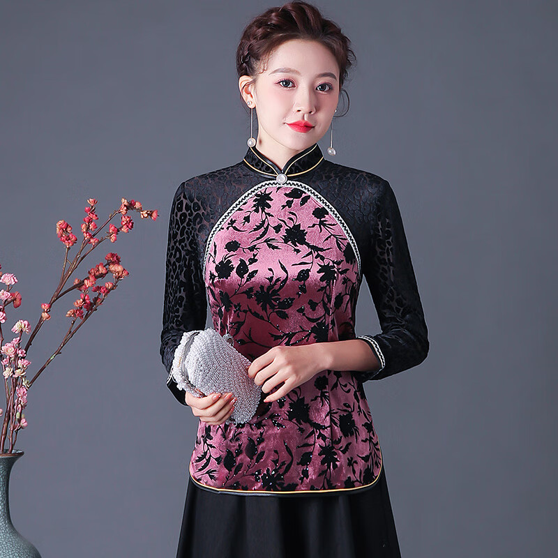 当季时尚新款妈妈春秋装盘扣中国风上衣洋气中老年女装旗袍领长袖t恤