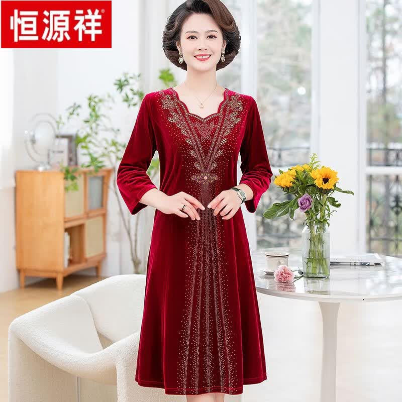 恒源祥胖妈m喜服春秋新款高端中年女金丝绒裙喜婆婆婚宴大码连衣裙气质 红色【RSY1869金丝绒长裙】 M使用感如何?