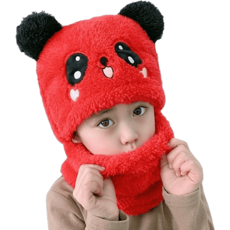 儿童帽子女童男童秋冬季帽子围脖一体可爱加厚保暖宝宝遮脸护耳帽 红色