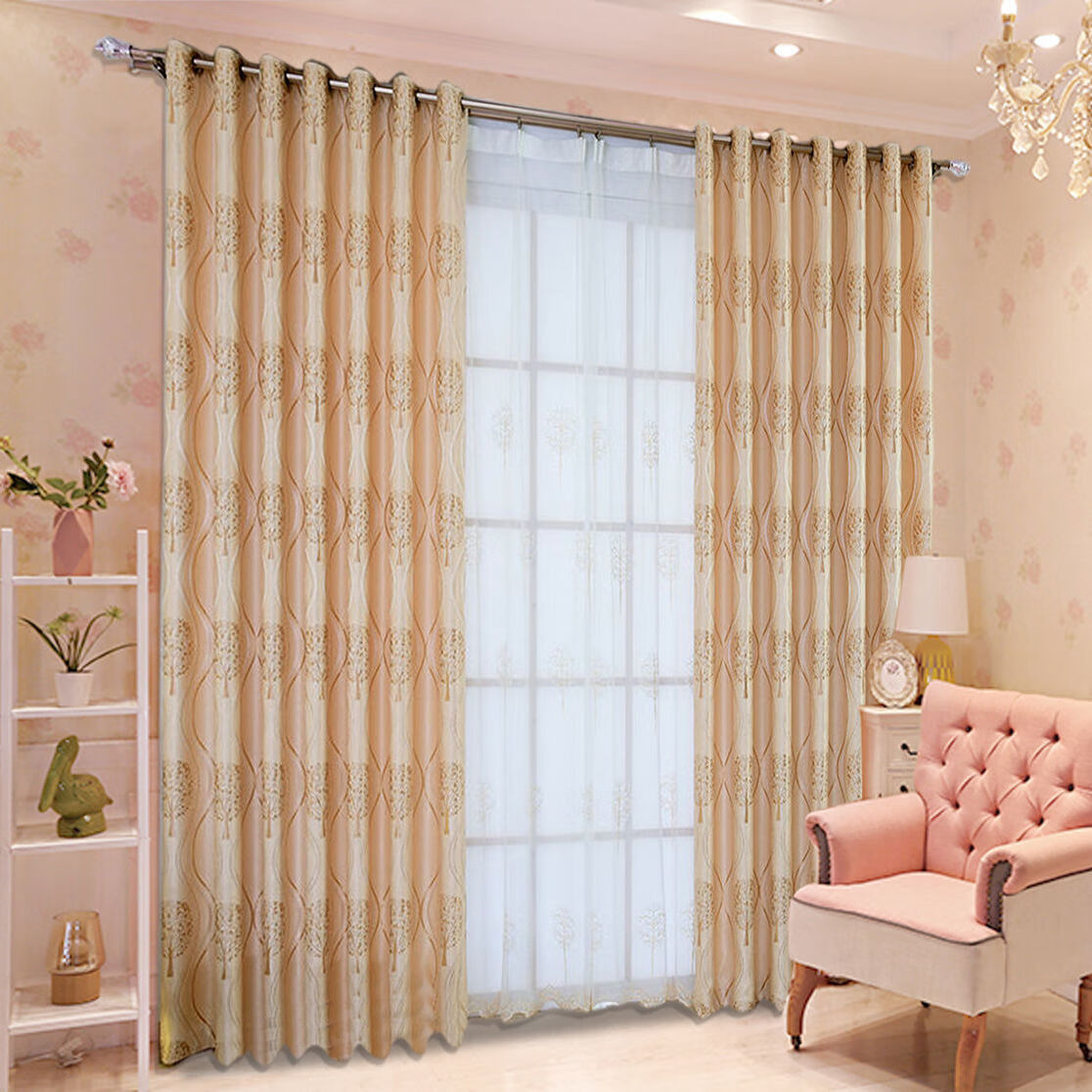 隔遮光窗帘亮丝提花超高3米1和2米7客厅卧室成品窗帘 发财树金黄色 宽