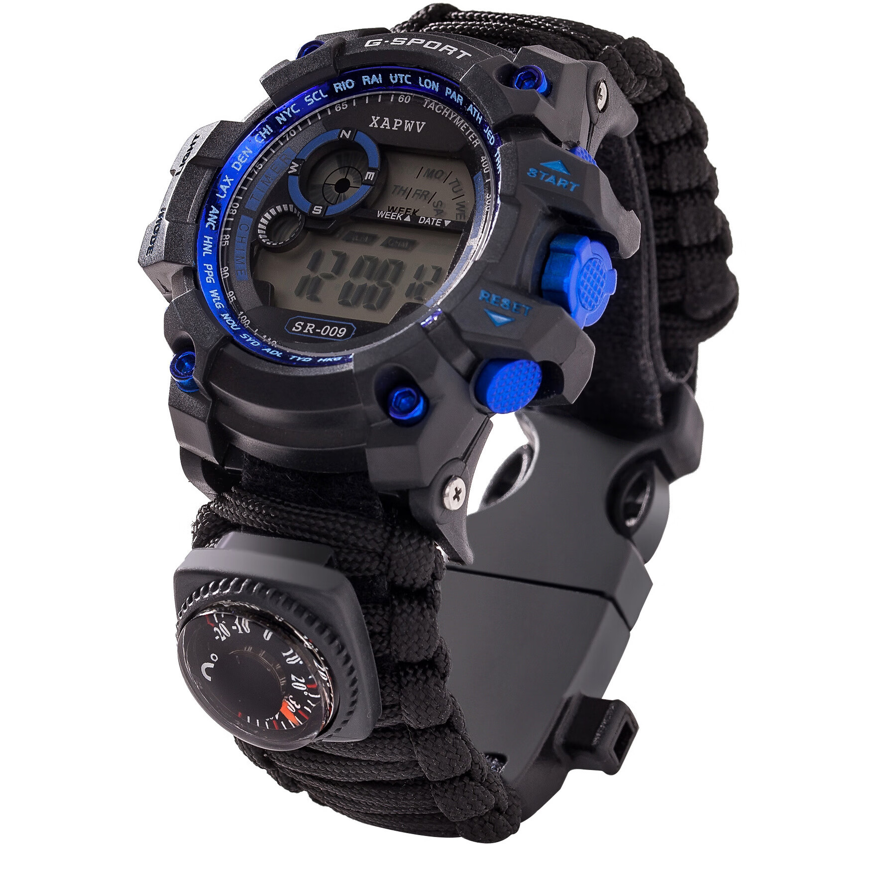 天颛指南针手表一体户外求生手表夜光防水多功能手表指南针温度计伞绳