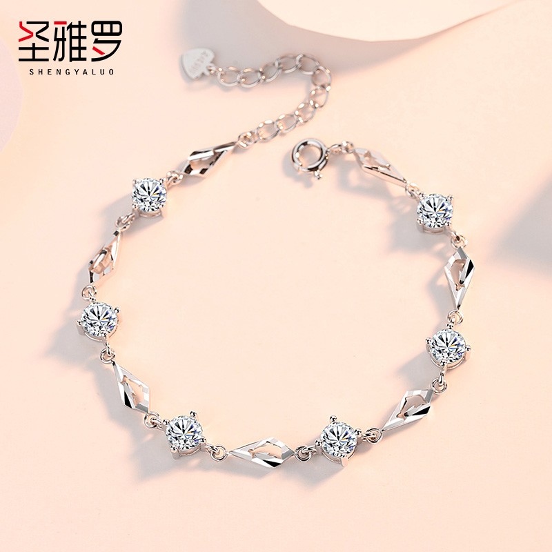 圣雅罗999足银手链女士海豚水晶手环闺蜜时尚饰品品生日圣诞节礼物送