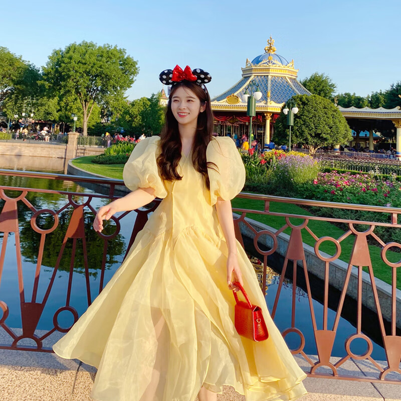 缘雅婷公主蓬蓬迪士尼穿搭在逃公主礼服蓬蓬长子超仙欧根纱 黄色 s
