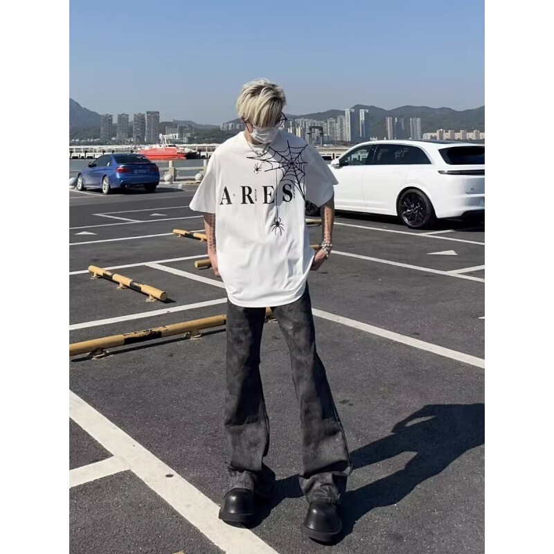 黑盒白美式印花蜘蛛短袖t恤男女春夏季新款国潮高街oversize五分上衣男 JXFS-1019黑色 XL 【130-145斤】