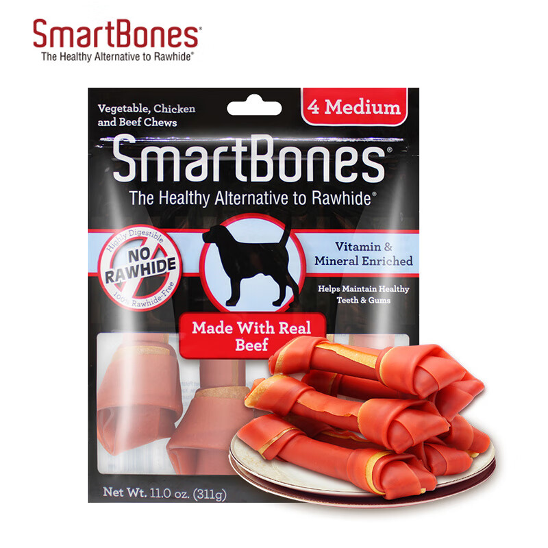 SMARTBONES狗狗磨牙棒狗狗零食成犬幼犬洁齿骨洁齿棒 牛肉味 中号-4支装