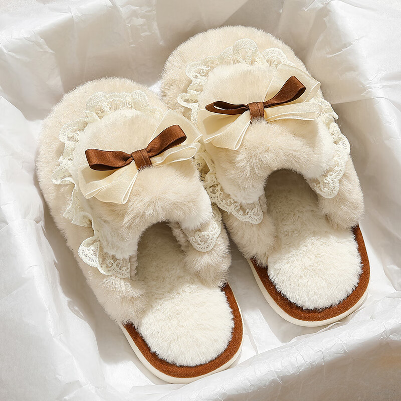 百慕傾臣蝴蝶結(jié)棉拖鞋女秋冬季可愛新款室內(nèi)外穿家居厚底毛絨月子拖鞋男款 白色 38-39 正碼(內(nèi)長240MM)