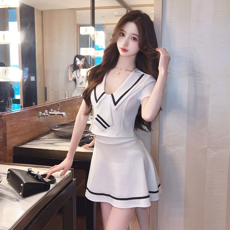 奧計技師工作服性感短袖JK制服兩件套裝女夜店辣妹低胸連衣裙SPA足浴 白色 S