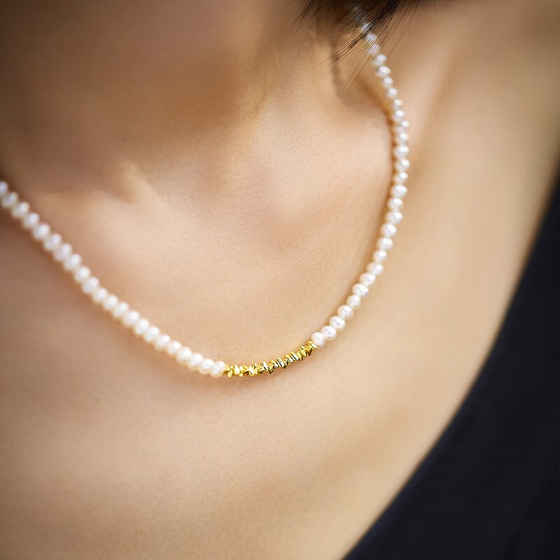 白泽(baize)黄金碎金珍珠项链 999足金岁岁平安时尚珍珠吊坠锁骨链