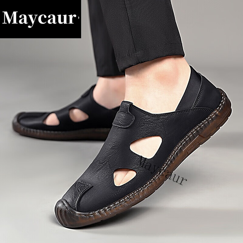 maycaur奥维格姿凉鞋男士镂空飞行员休闲洞洞皮鞋软底软面斜 黑色 38