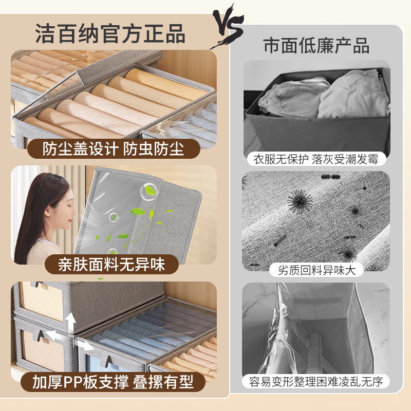 洁百纳衣服裤子收纳盒家用内衣整理筐布艺带盖防尘可折叠衣柜衣物收纳箱 小号-浅云白【双层加厚】