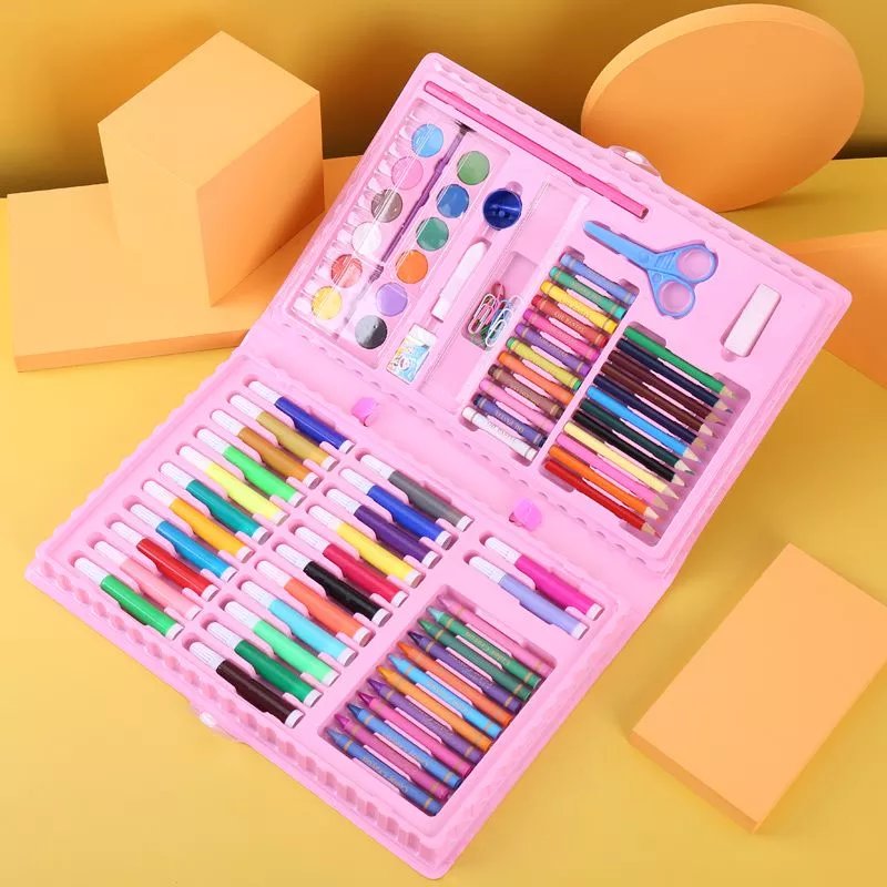 【精选】儿童水彩笔绘画套装+画本画笔蜡笔幼儿园礼物小学生美术 86件套粉红色(+一画画本)