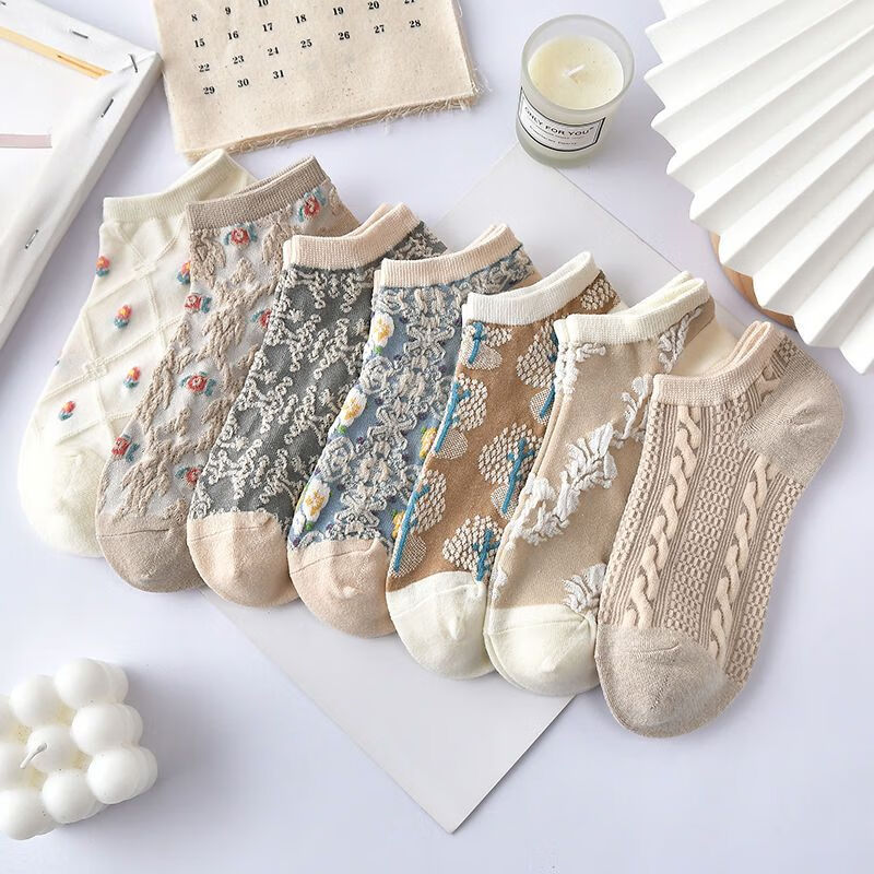 女短袜春秋夏季薄款ins潮百搭日系低帮文艺学生立体 立体花七双组合一