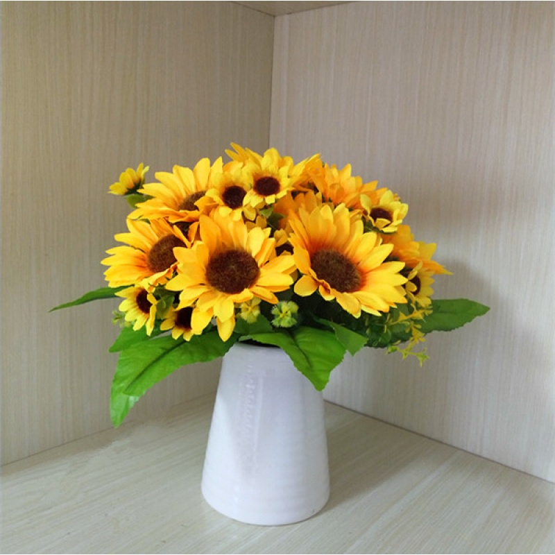 雅璇落地陶瓷花瓶仿真向日葵花套装 假花绢花 餐桌客厅装饰花 大头