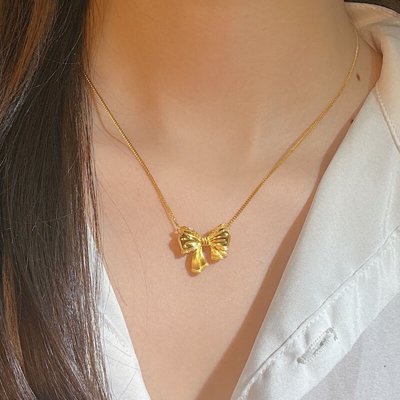 瑞诺(ruinuo)黄金蝴蝶结项链女999足金在逃公主锁骨链情人节礼物送