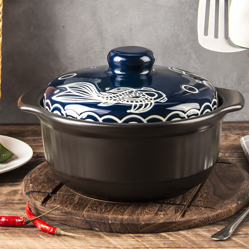燃气炖锅汤锅煲仔饭瓦罐沙锅明火煮粥石锅 黑深蓝年年有鱼砂锅3-5人 3